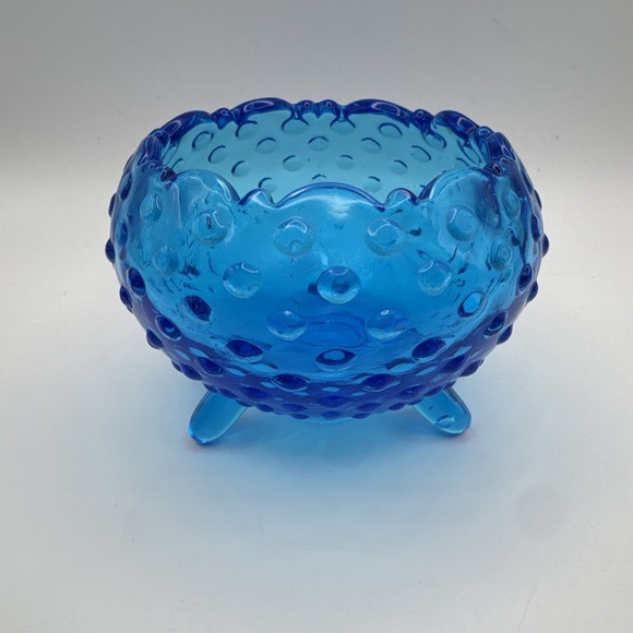 LE Smith Glass Blue Hobnail Rose Bowl Dish Vase 3 Footed Vintage Mid Century - Picture 3 of 8